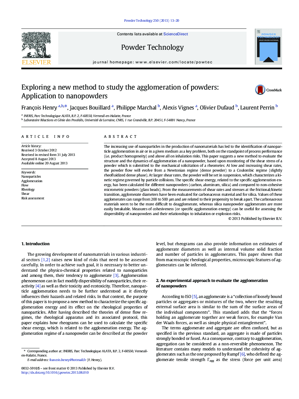 Exploring a new method to study the agglomeration of powders: Application to nanopowders