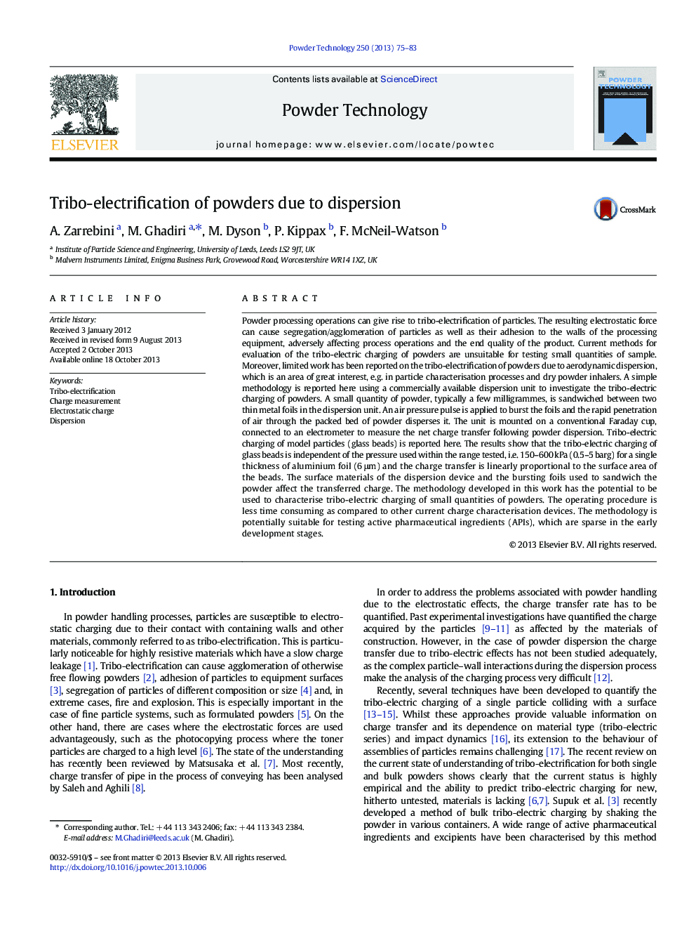 Tribo-electrification of powders due to dispersion