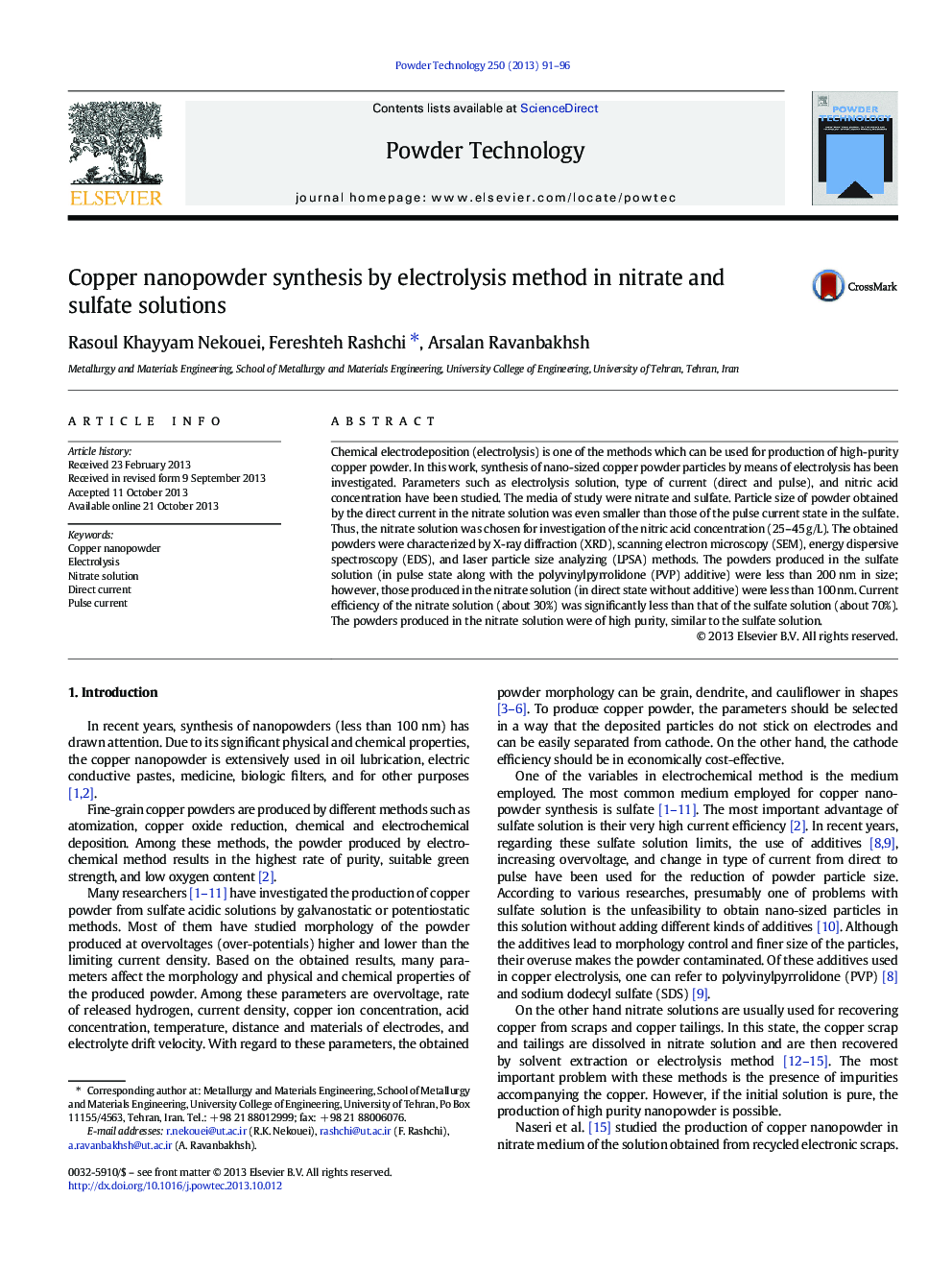 Copper nanopowder synthesis by electrolysis method in nitrate and sulfate solutions