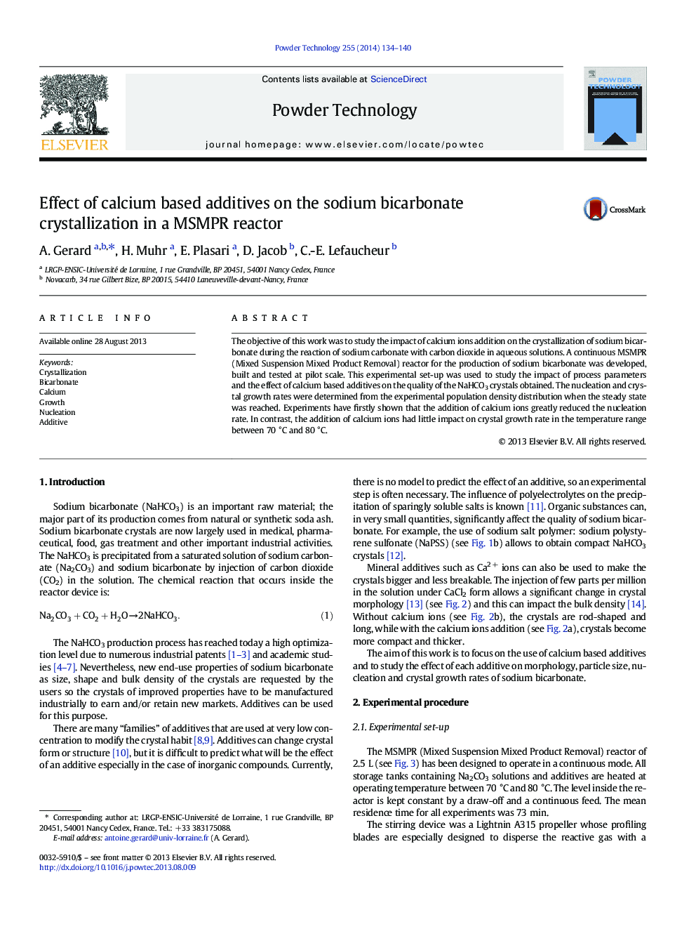Effect of calcium based additives on the sodium bicarbonate crystallization in a MSMPR reactor