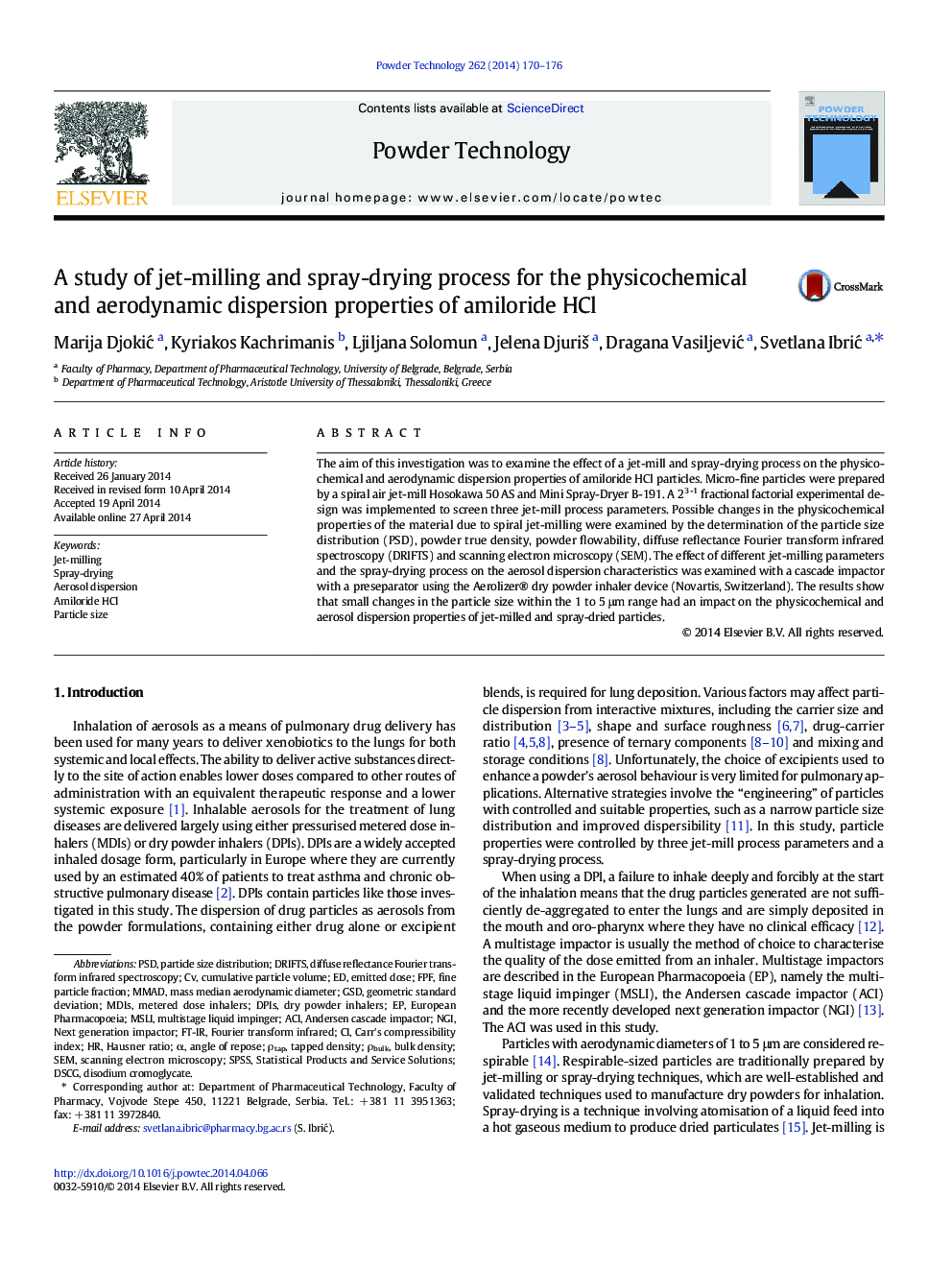 A study of jet-milling and spray-drying process for the physicochemical and aerodynamic dispersion properties of amiloride HCl