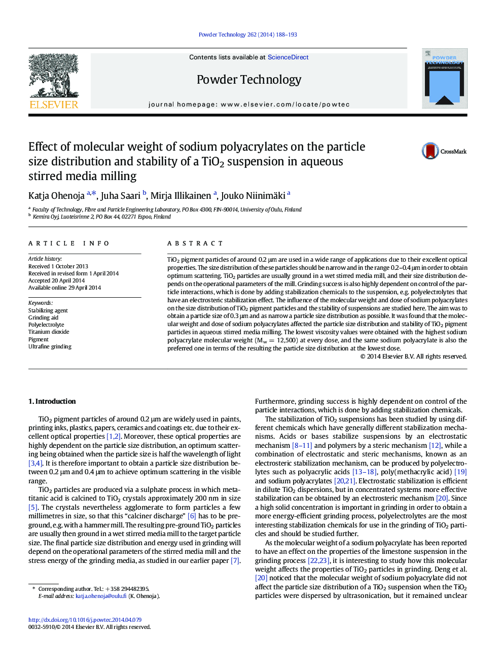 Effect of molecular weight of sodium polyacrylates on the particle size distribution and stability of a TiO2 suspension in aqueous stirred media milling