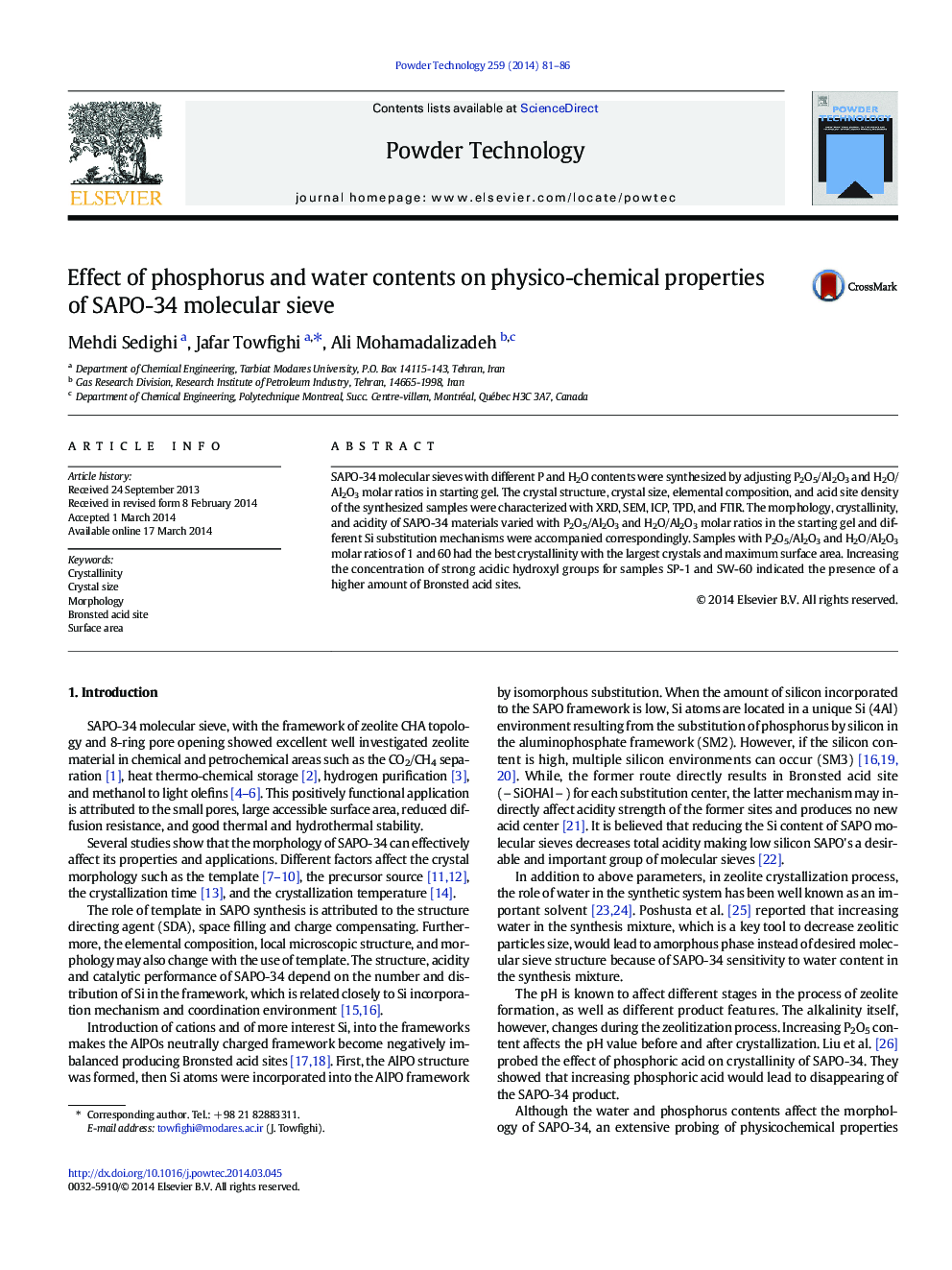 Effect of phosphorus and water contents on physico-chemical properties of SAPO-34 molecular sieve