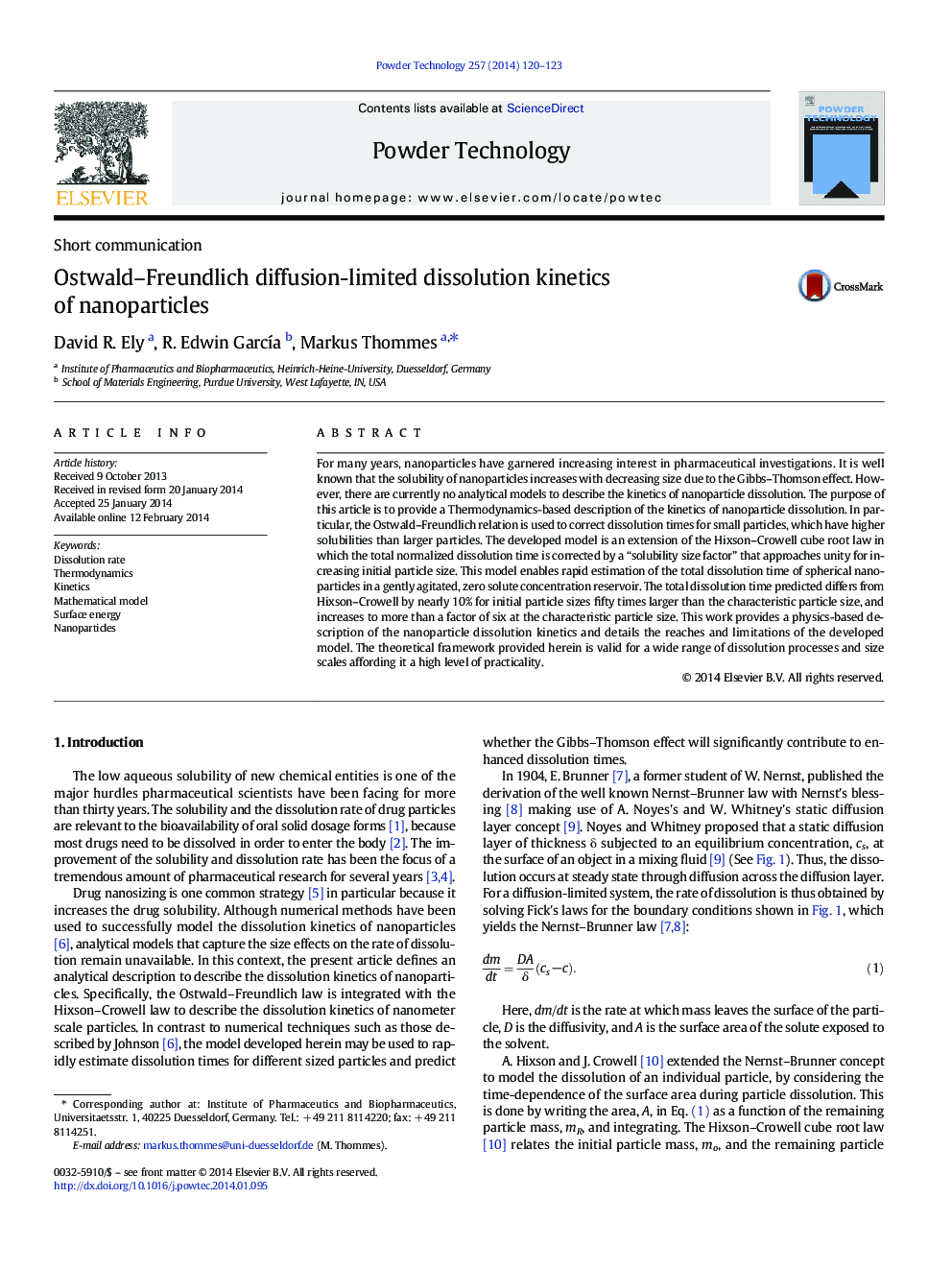 Ostwald–Freundlich diffusion-limited dissolution kinetics of nanoparticles