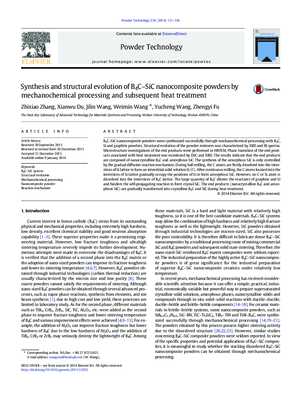 Synthesis and structural evolution of B4C–SiC nanocomposite powders by mechanochemical processing and subsequent heat treatment