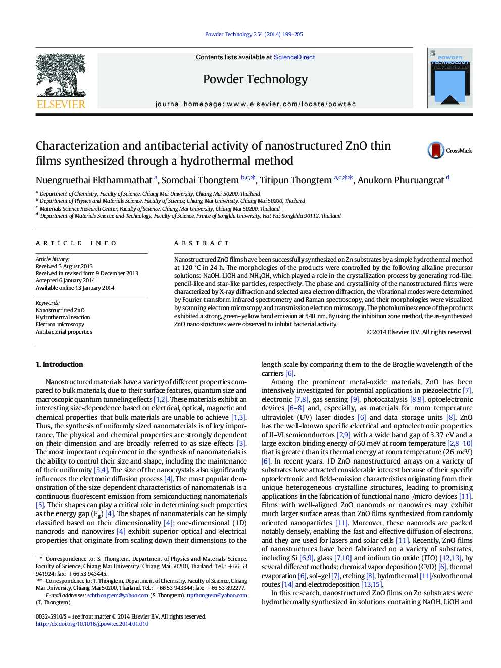 Characterization and antibacterial activity of nanostructured ZnO thin films synthesized through a hydrothermal method