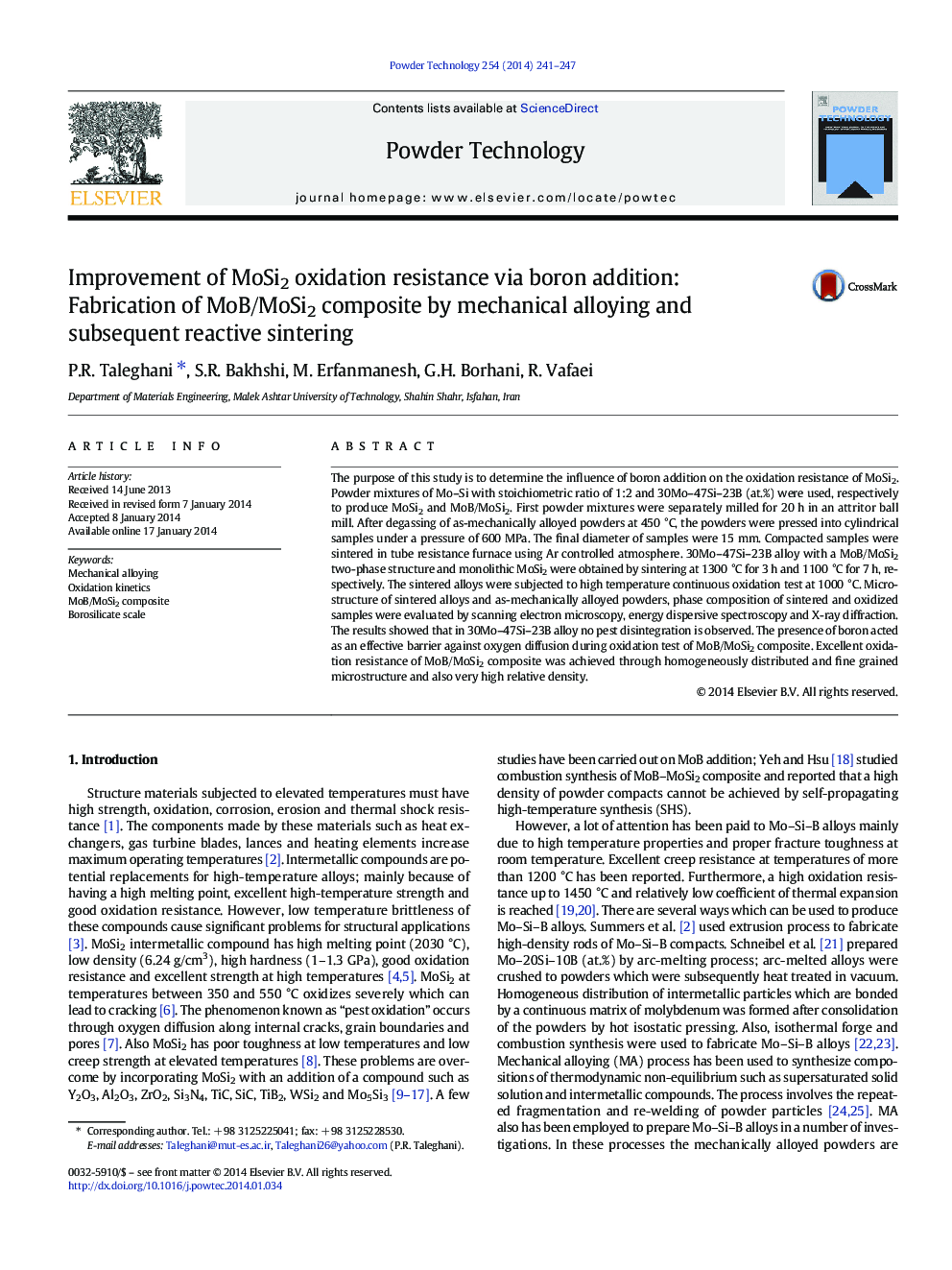 Improvement of MoSi2 oxidation resistance via boron addition: Fabrication of MoB/MoSi2 composite by mechanical alloying and subsequent reactive sintering