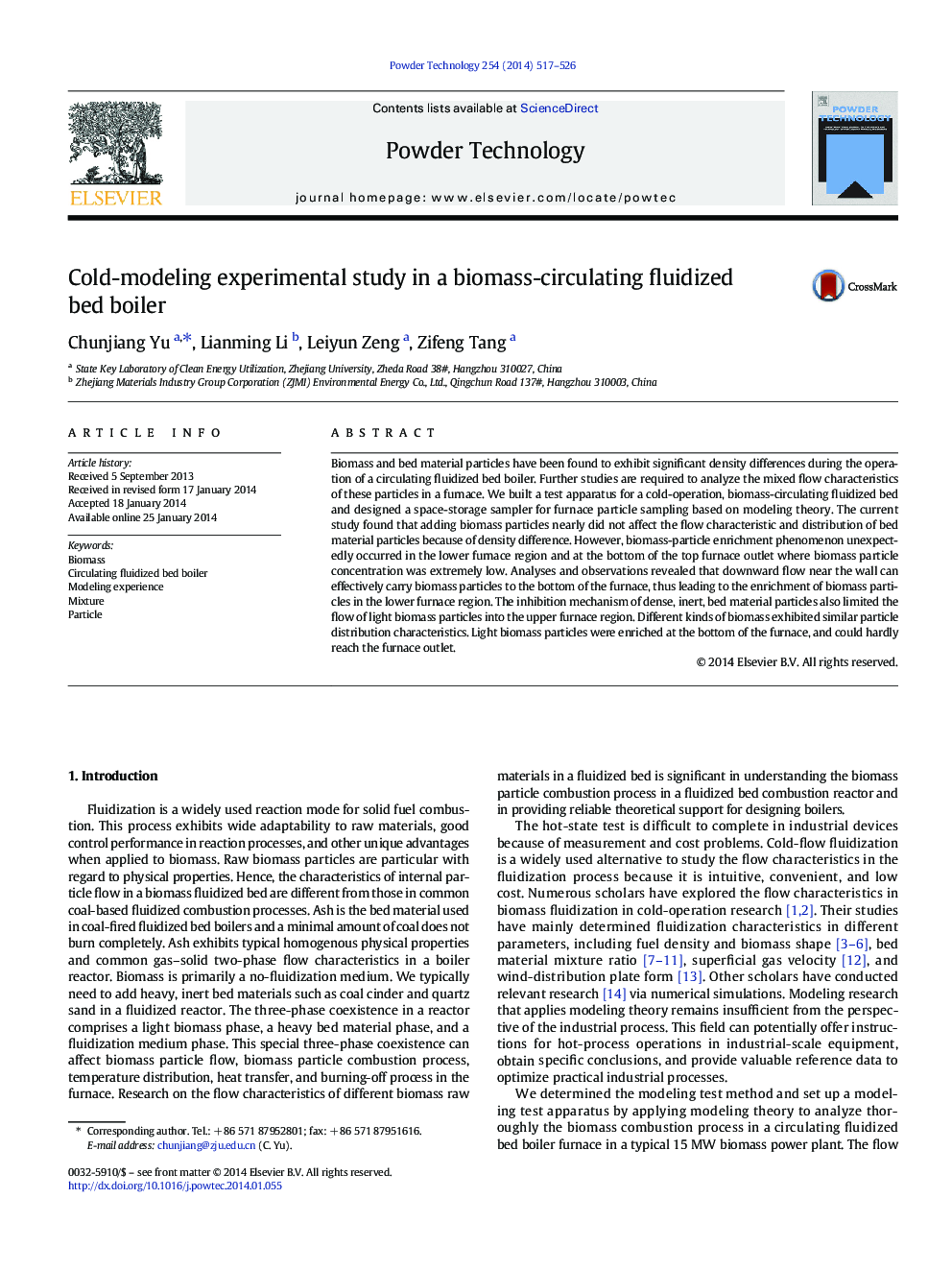 Cold-modeling experimental study in a biomass-circulating fluidized bed boiler