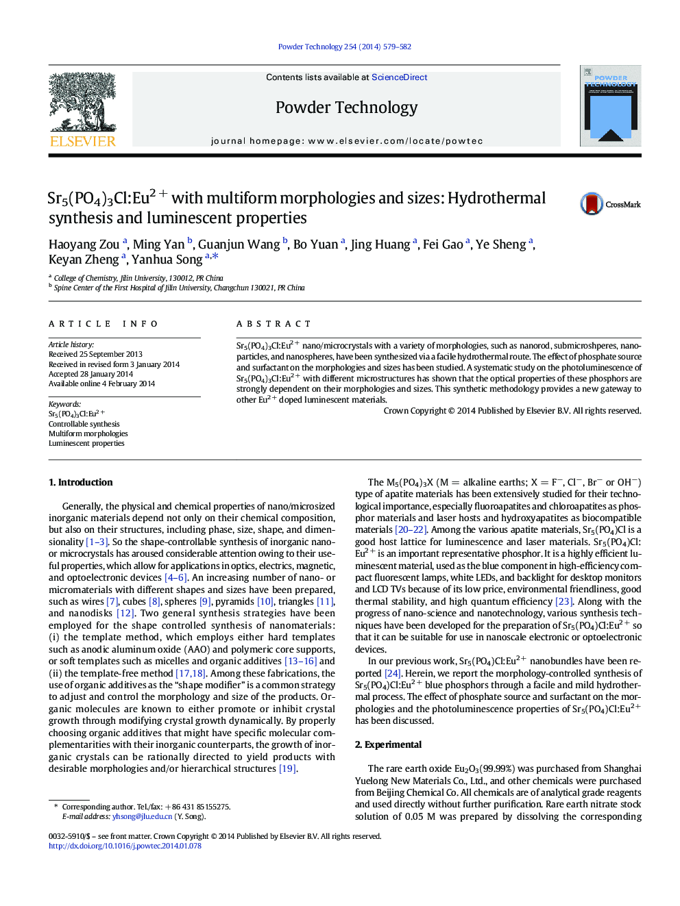 Sr5(PO4)3Cl:Eu2 + with multiform morphologies and sizes: Hydrothermal synthesis and luminescent properties