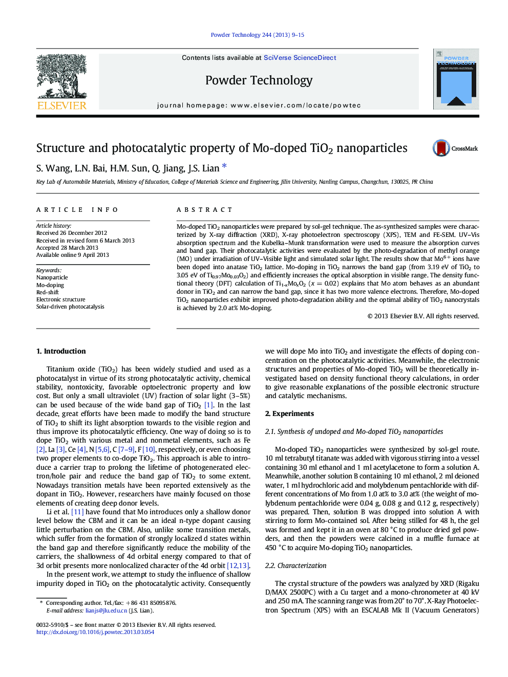 Structure and photocatalytic property of Mo-doped TiO2 nanoparticles