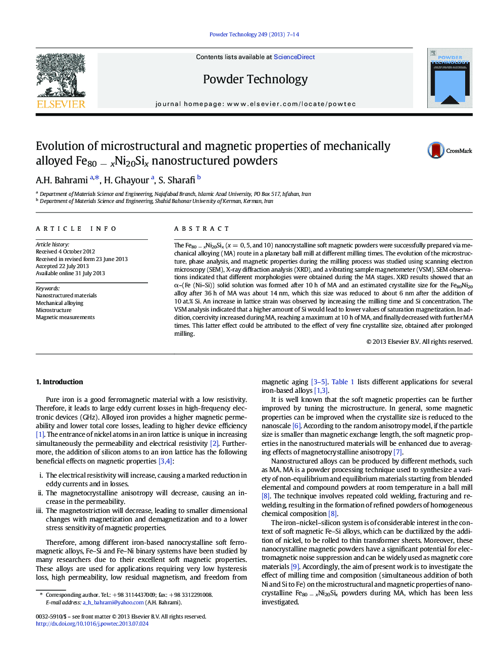 Evolution of microstructural and magnetic properties of mechanically alloyed Fe80 − xNi20Six nanostructured powders