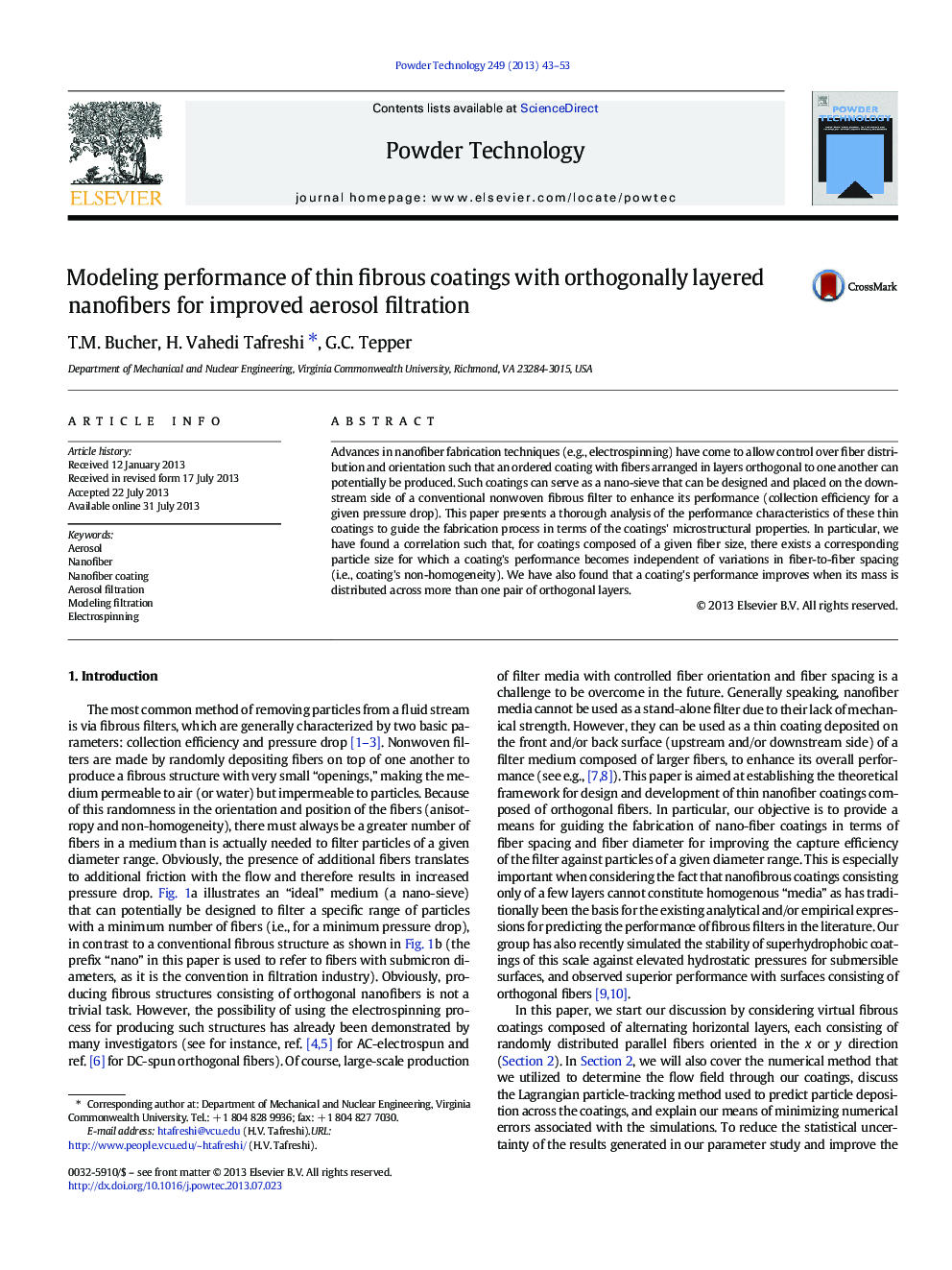 عکس صفحه اول مقاله: Modeling performance of thin fibrous coatings with orthogonally layered nanofibers for improved aerosol filtration Modeling performance of thin fibrous coatings with orthogonally layered nanofibers for improved aerosol filtration