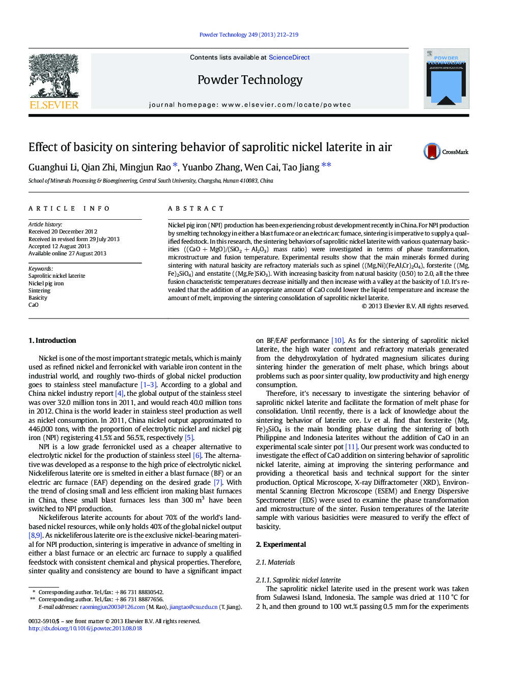 Effect of basicity on sintering behavior of saprolitic nickel laterite in air