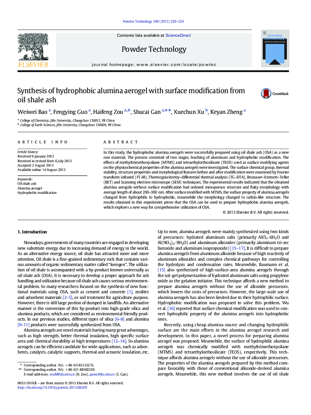 Synthesis of hydrophobic alumina aerogel with surface modification from oil shale ash