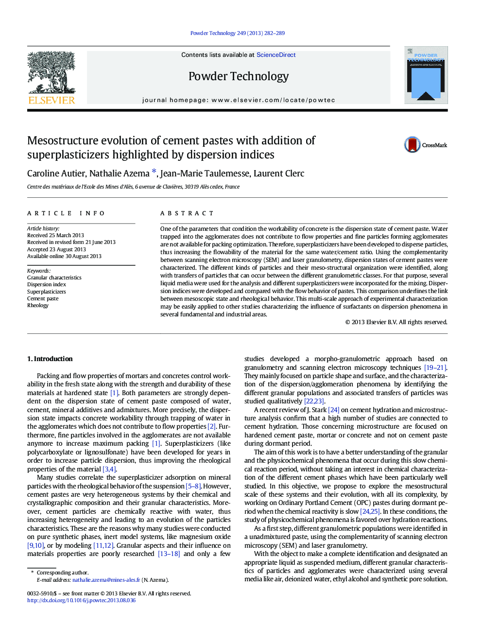 Mesostructure evolution of cement pastes with addition of superplasticizers highlighted by dispersion indices