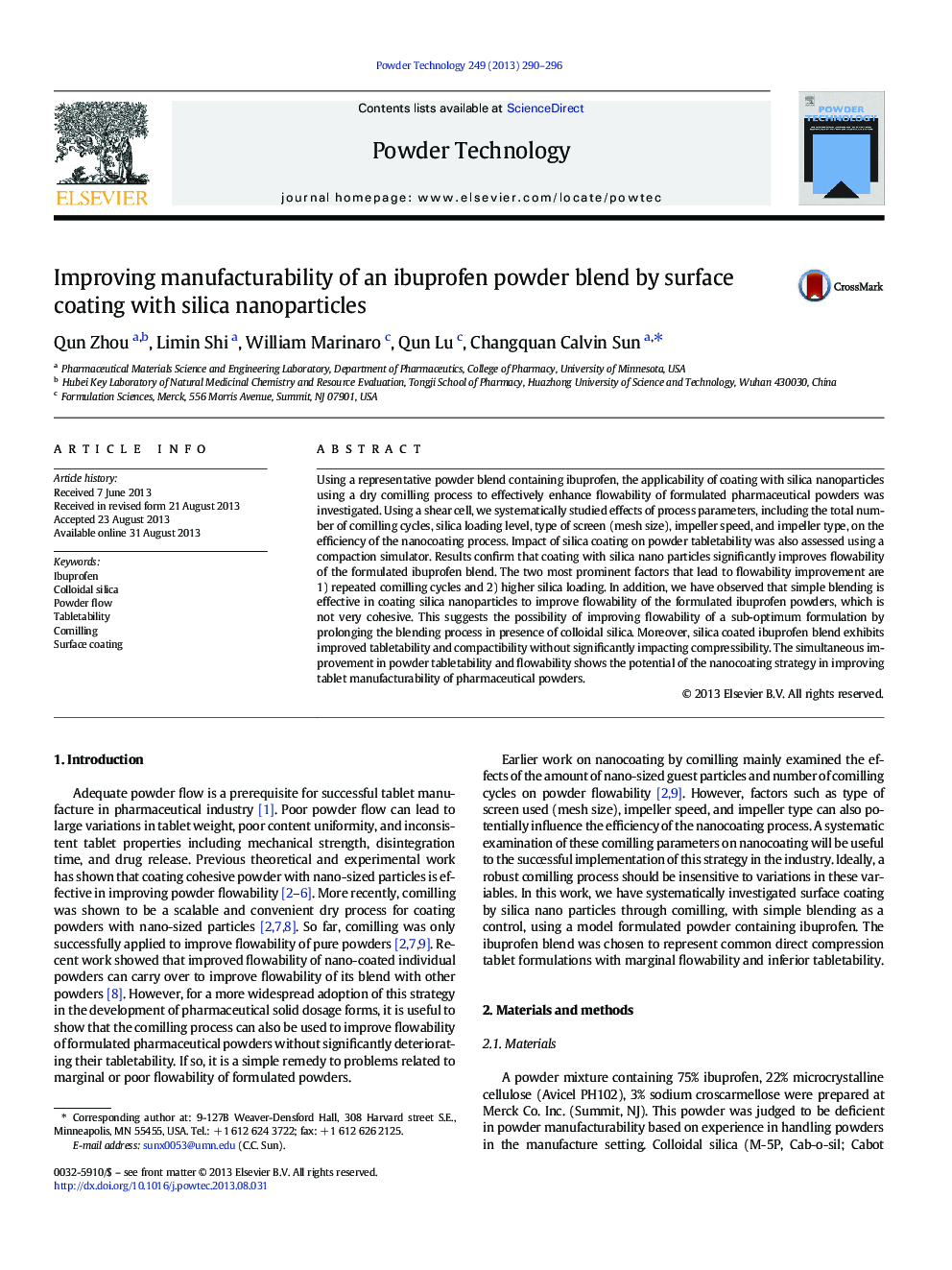 عکس صفحه اول مقاله: Improving manufacturability of an ibuprofen powder blend by surface coating with silica nanoparticles Improving manufacturability of an ibuprofen powder blend by surface coating with silica nanoparticles