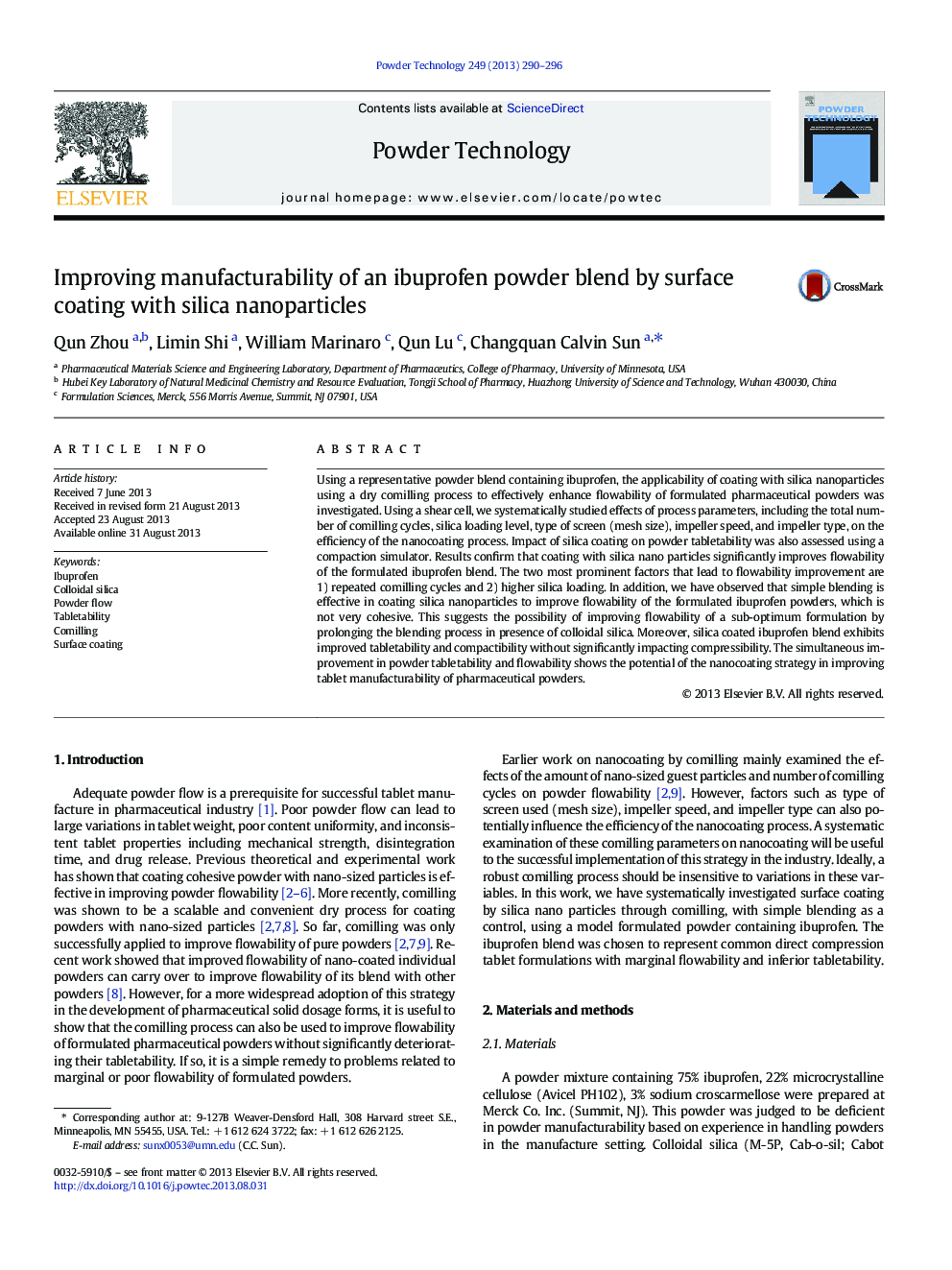 Improving manufacturability of an ibuprofen powder blend by surface coating with silica nanoparticles