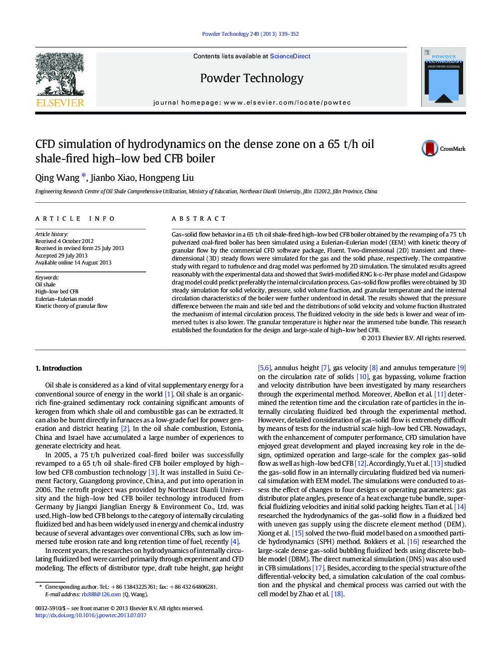 CFD simulation of hydrodynamics on the dense zone on a 65 t/h oil shale-fired high–low bed CFB boiler