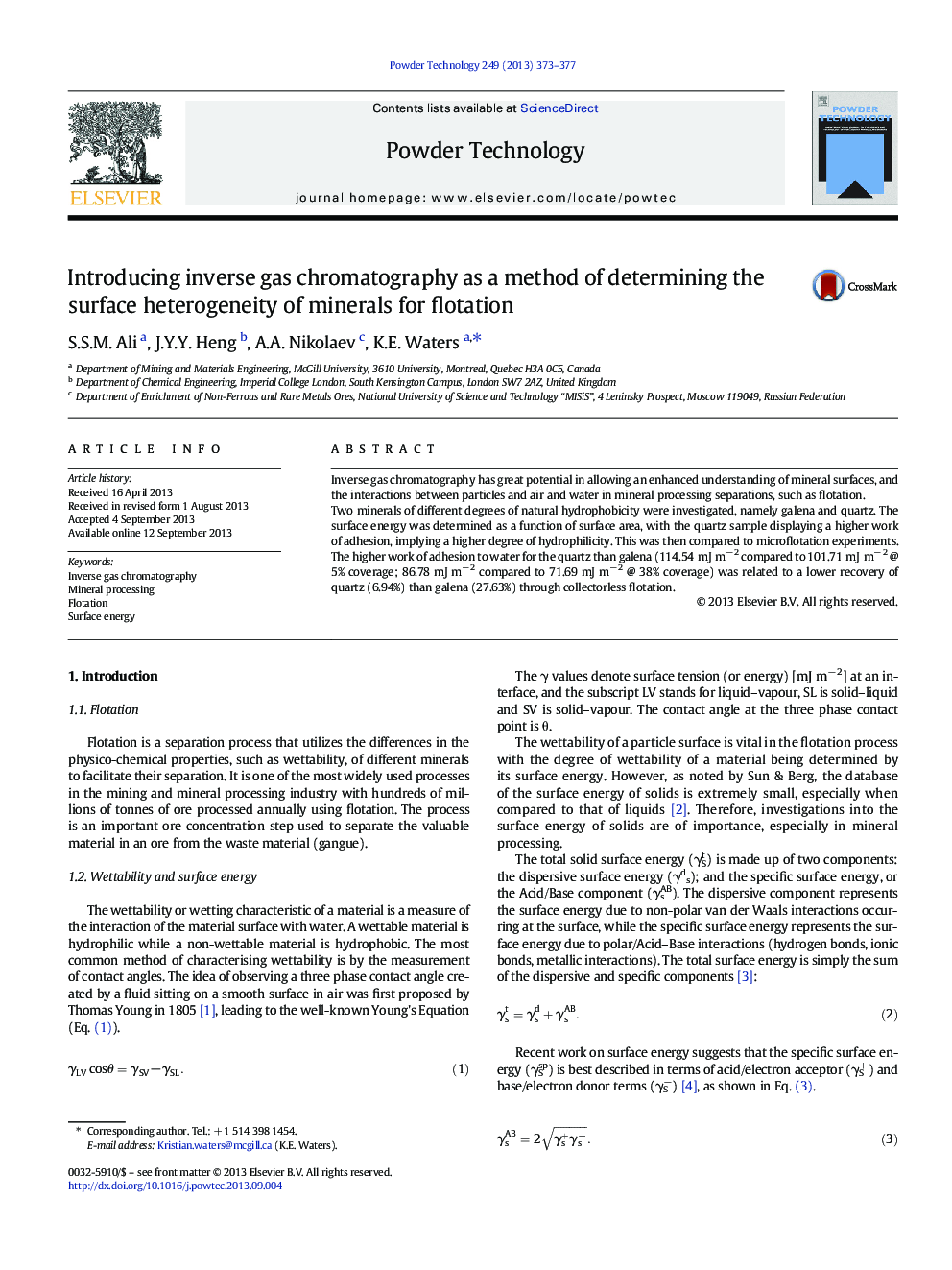 Introducing inverse gas chromatography as a method of determining the surface heterogeneity of minerals for flotation