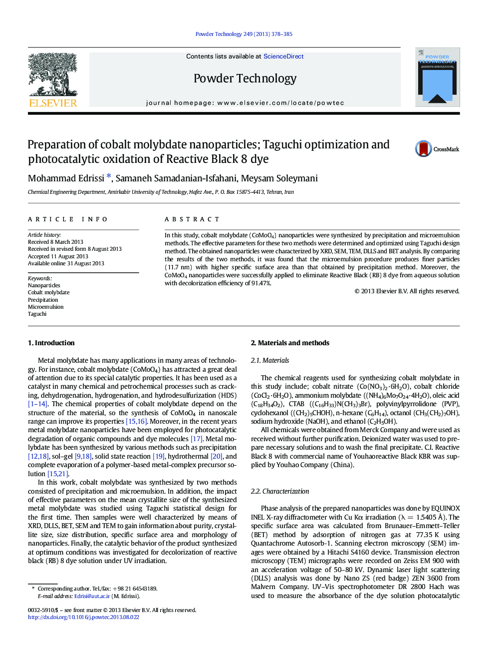 Preparation of cobalt molybdate nanoparticles; Taguchi optimization and photocatalytic oxidation of Reactive Black 8 dye