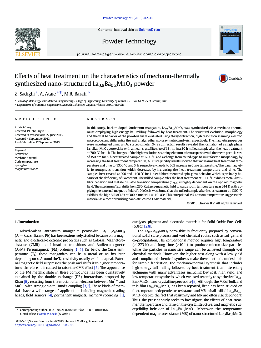 Effects of heat treatment on the characteristics of mechano-thermally synthesized nano-structured La0.8Ba0.2MnO3 powder