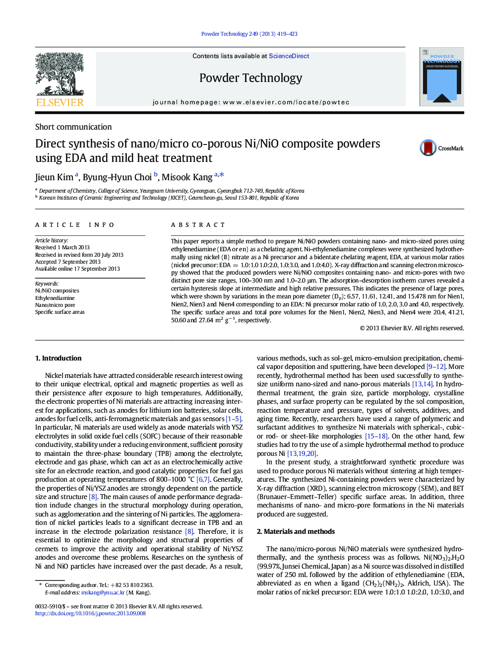 Direct synthesis of nano/micro co-porous Ni/NiO composite powders using EDA and mild heat treatment