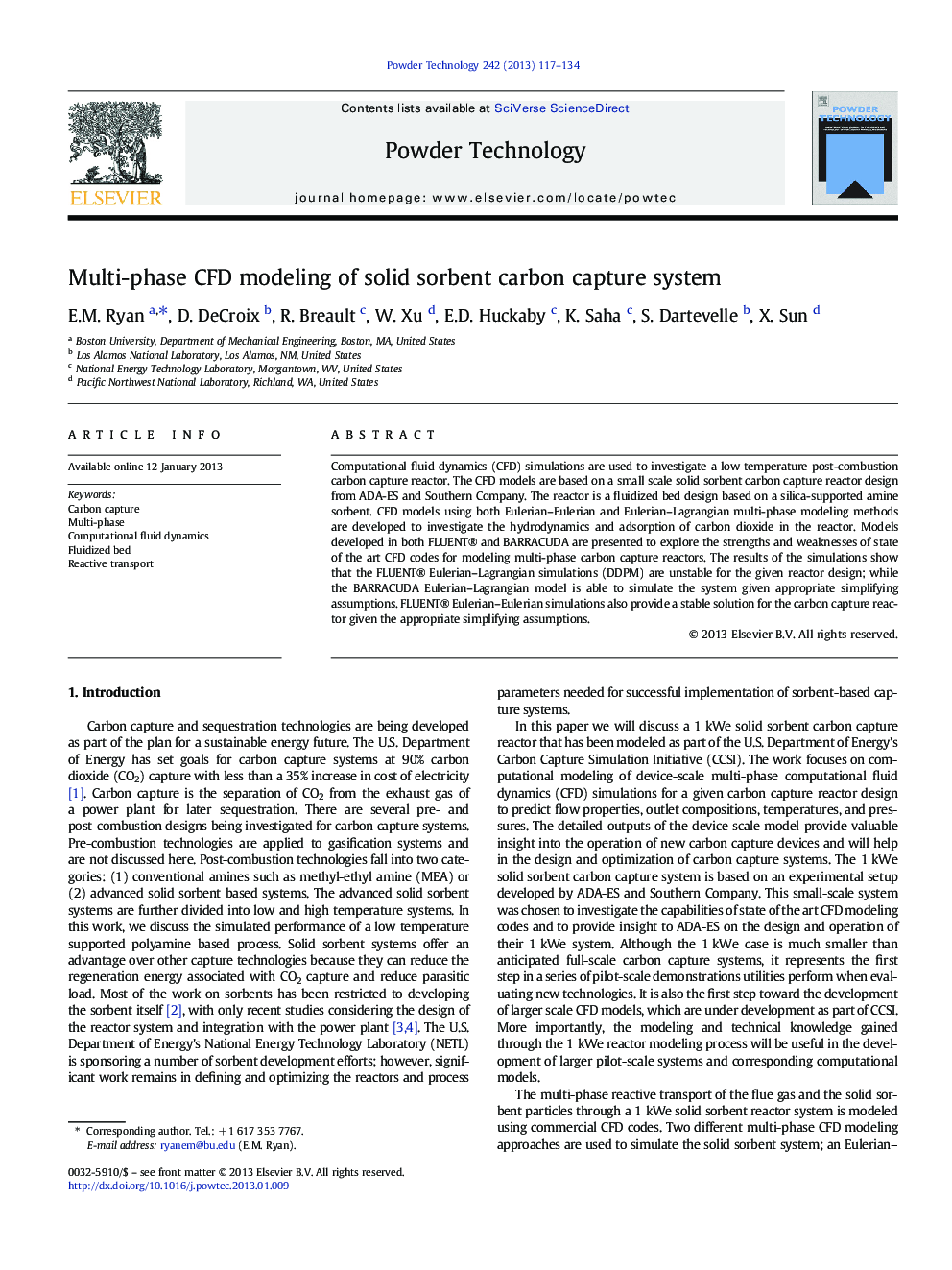 Multi-phase CFD modeling of solid sorbent carbon capture system