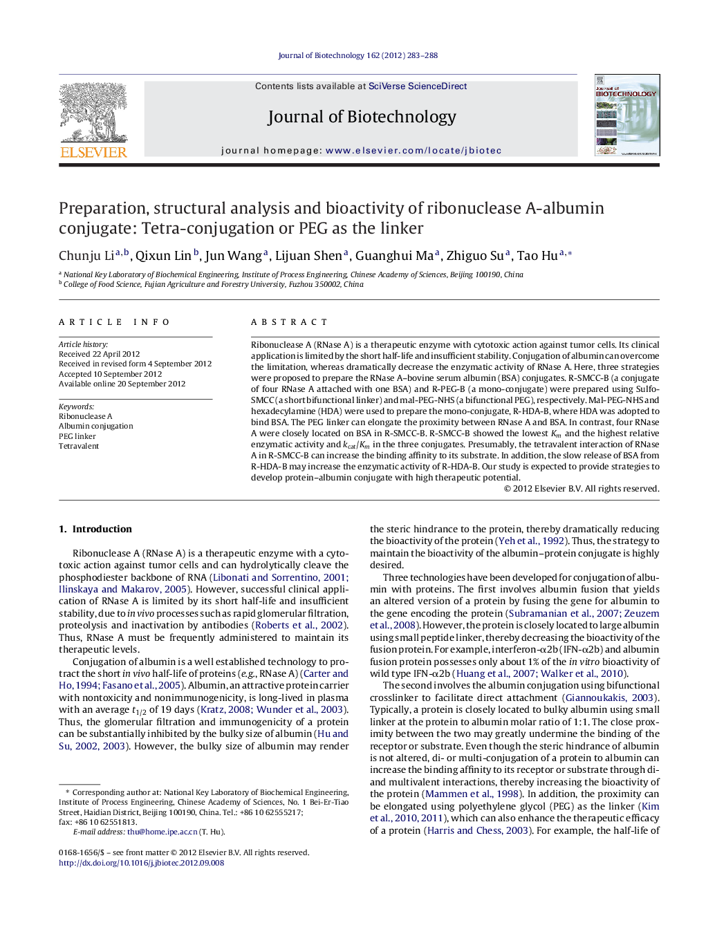 عکس صفحه اول مقاله: Preparation, structural analysis and bioactivity of ribonuclease A-albumin conjugate: Tetra-conjugation or PEG as the linker Preparation, structural analysis and bioactivity of ribonuclease A-albumin conjugate: Tetra-conjugation or PEG as the linker