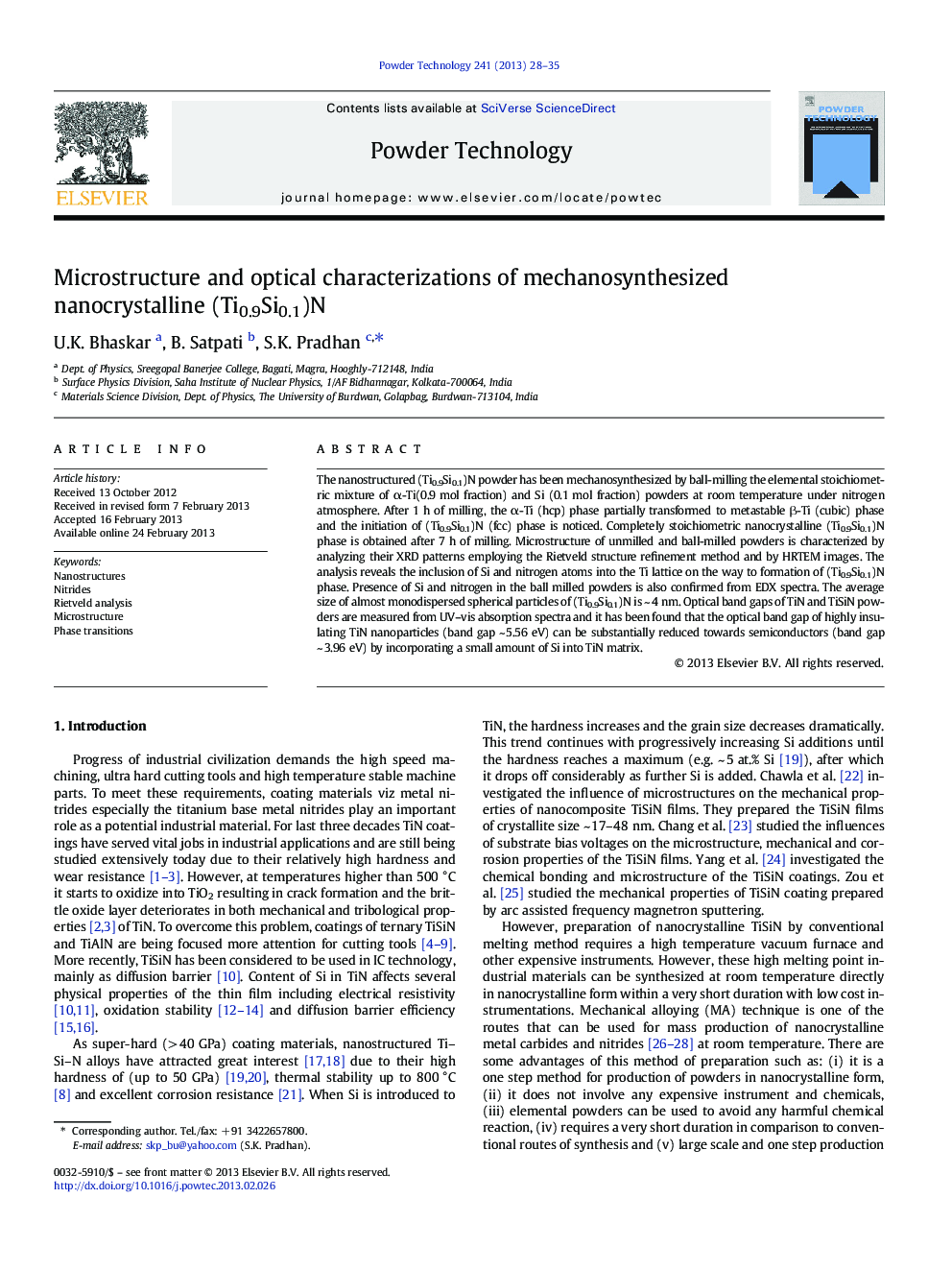 Microstructure and optical characterizations of mechanosynthesized nanocrystalline (Ti0.9Si0.1)N