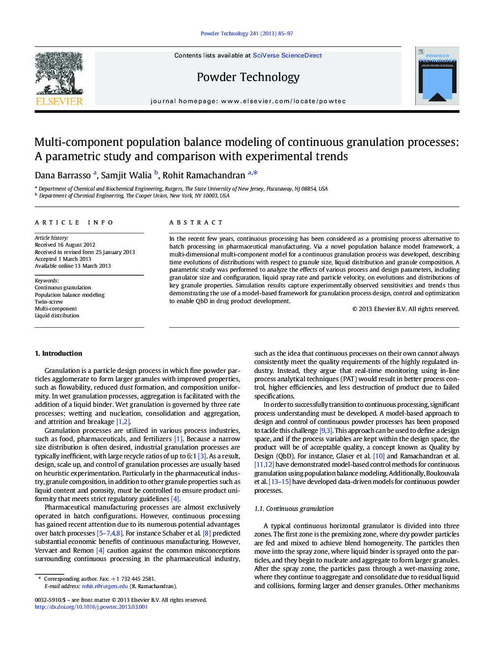 Multi-component population balance modeling of continuous granulation processes: A parametric study and comparison with experimental trends