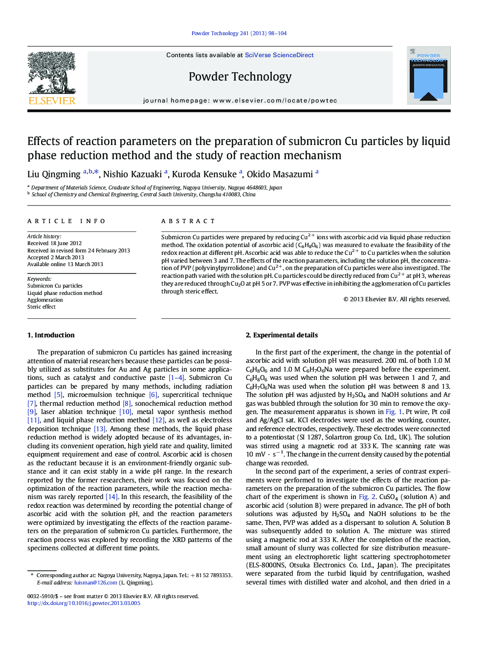 Effects of reaction parameters on the preparation of submicron Cu particles by liquid phase reduction method and the study of reaction mechanism