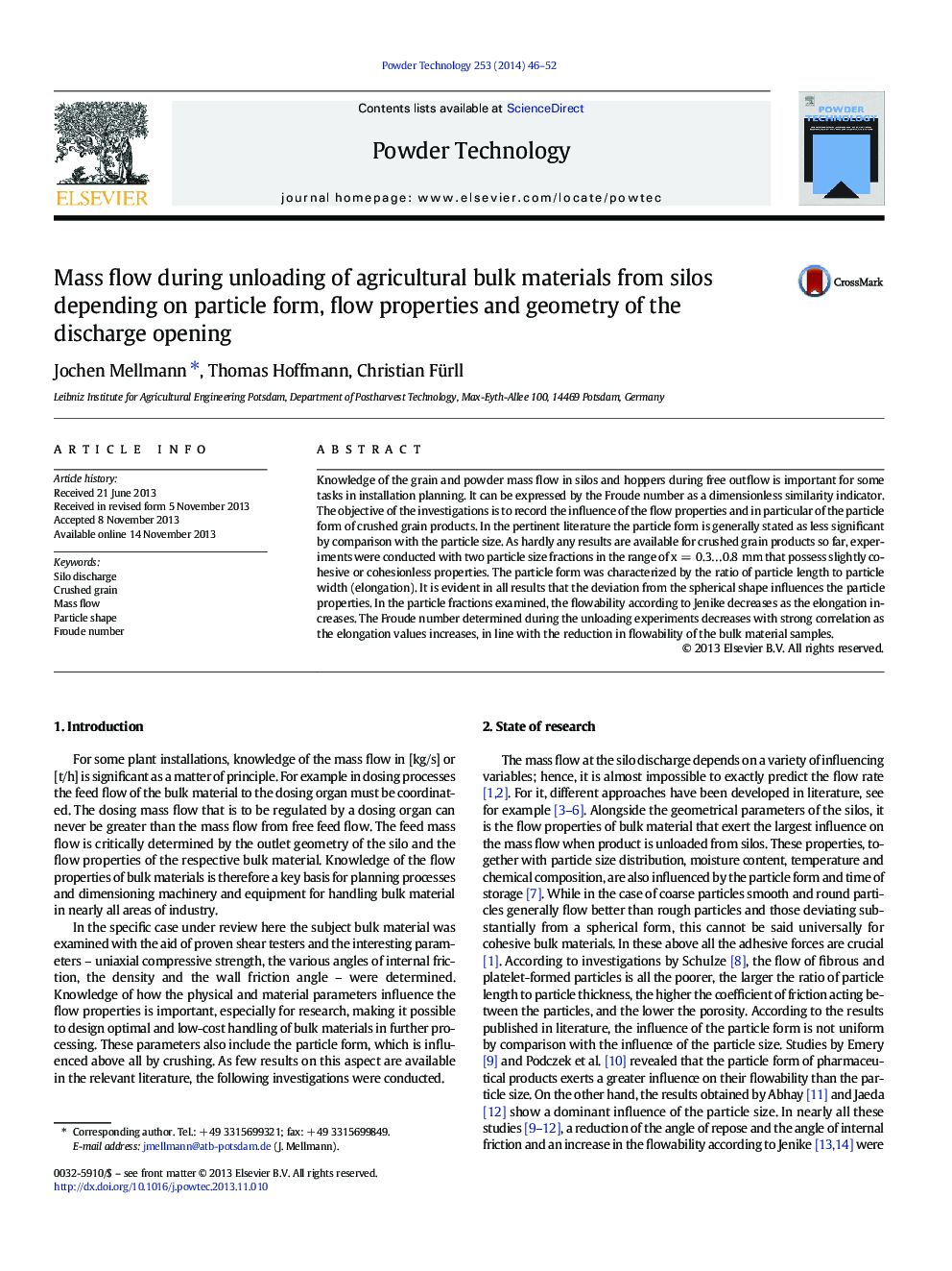 Mass flow during unloading of agricultural bulk materials from silos depending on particle form, flow properties and geometry of the discharge opening