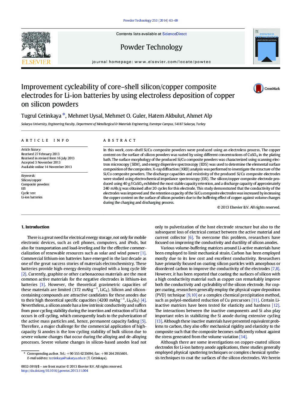 Improvement cycleability of core–shell silicon/copper composite electrodes for Li-ion batteries by using electroless deposition of copper on silicon powders