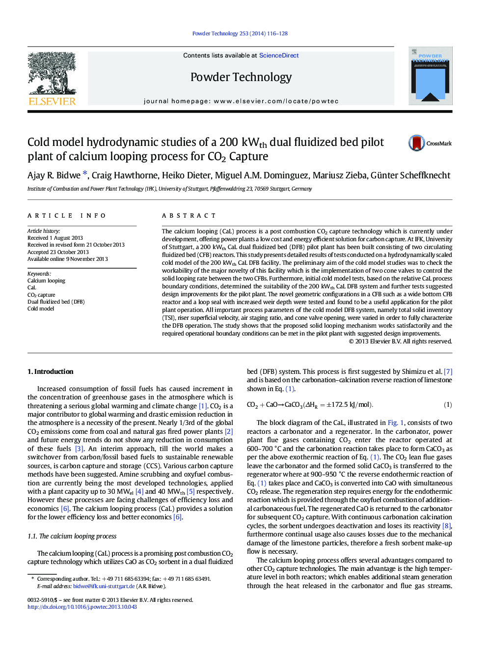 Cold model hydrodynamic studies of a 200 kWth dual fluidized bed pilot plant of calcium looping process for CO2 Capture