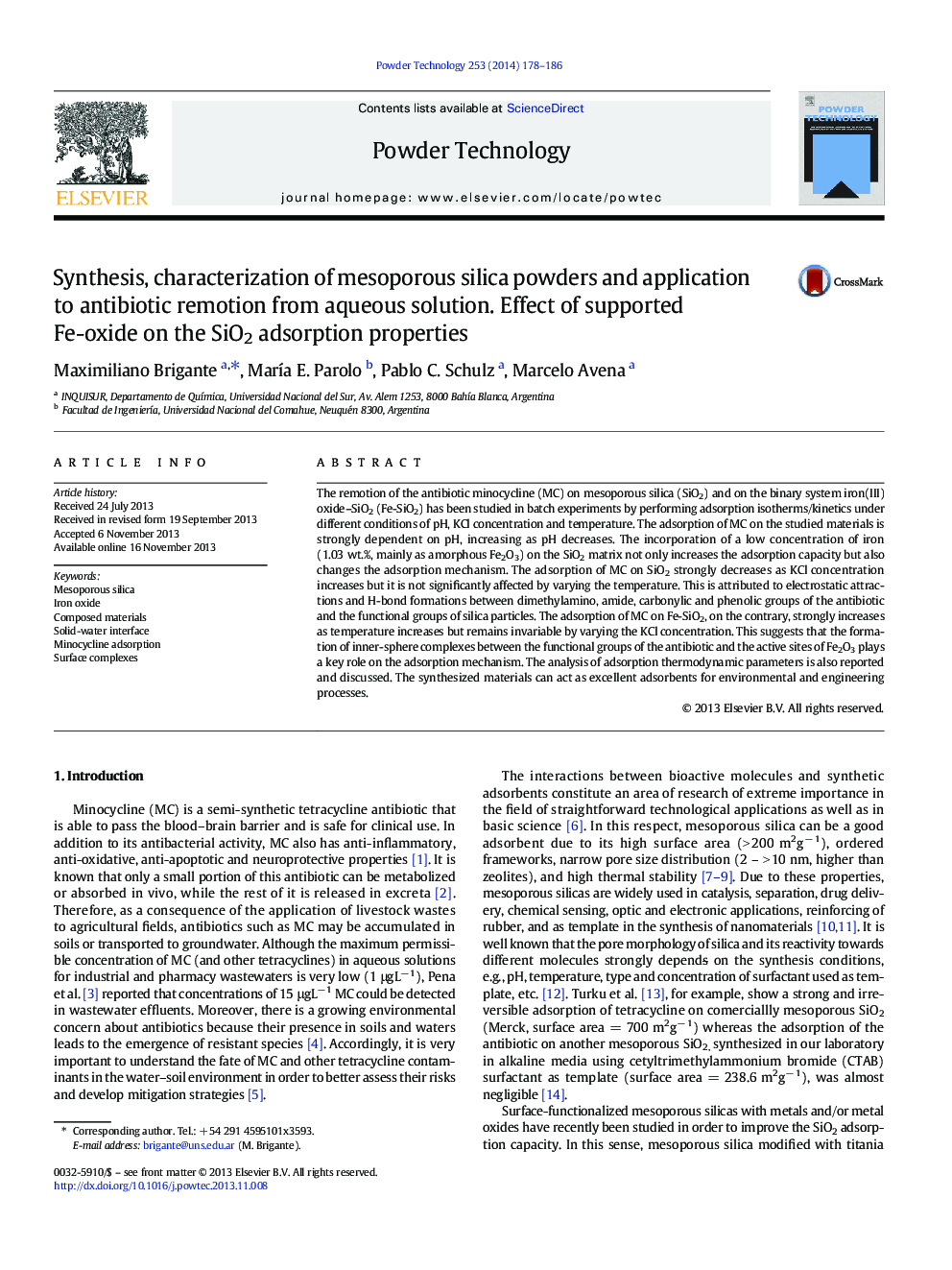 Synthesis, characterization of mesoporous silica powders and application to antibiotic remotion from aqueous solution. Effect of supported Fe-oxide on the SiO2 adsorption properties