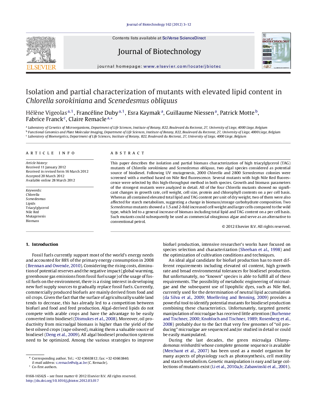 Isolation and partial characterization of mutants with elevated lipid content in Chlorella sorokiniana and Scenedesmus obliquus