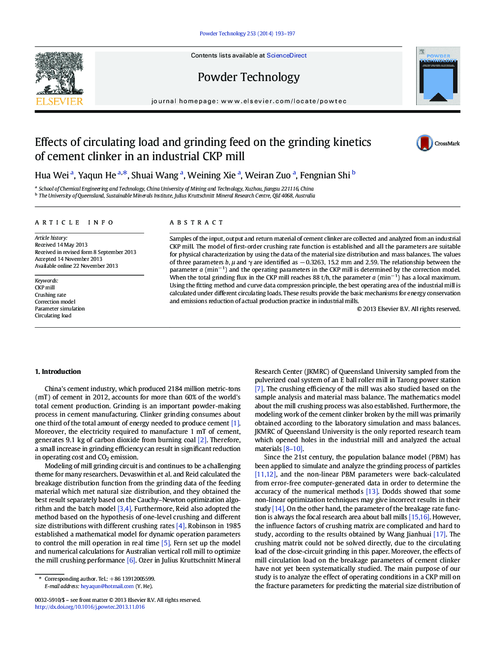 عکس صفحه اول مقاله: Effects of circulating load and grinding feed on the grinding kinetics of cement clinker in an industrial CKP mill Effects of circulating load and grinding feed on the grinding kinetics of cement clinker in an industrial CKP mill