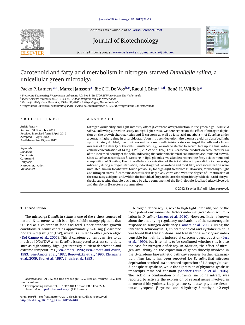 Carotenoid and fatty acid metabolism in nitrogen-starved Dunaliella salina, a unicellular green microalga