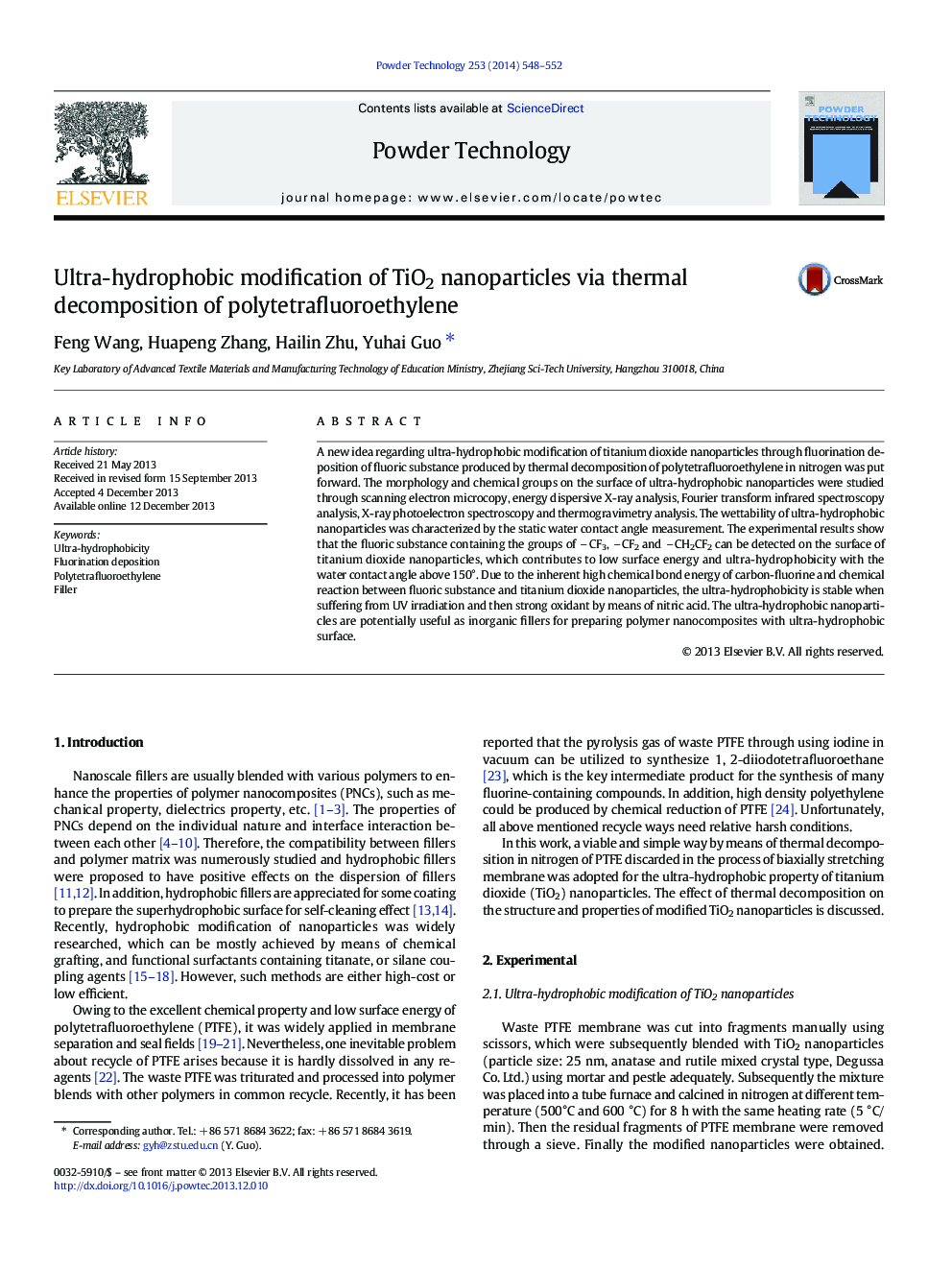 Ultra-hydrophobic modification of TiO2 nanoparticles via thermal decomposition of polytetrafluoroethylene