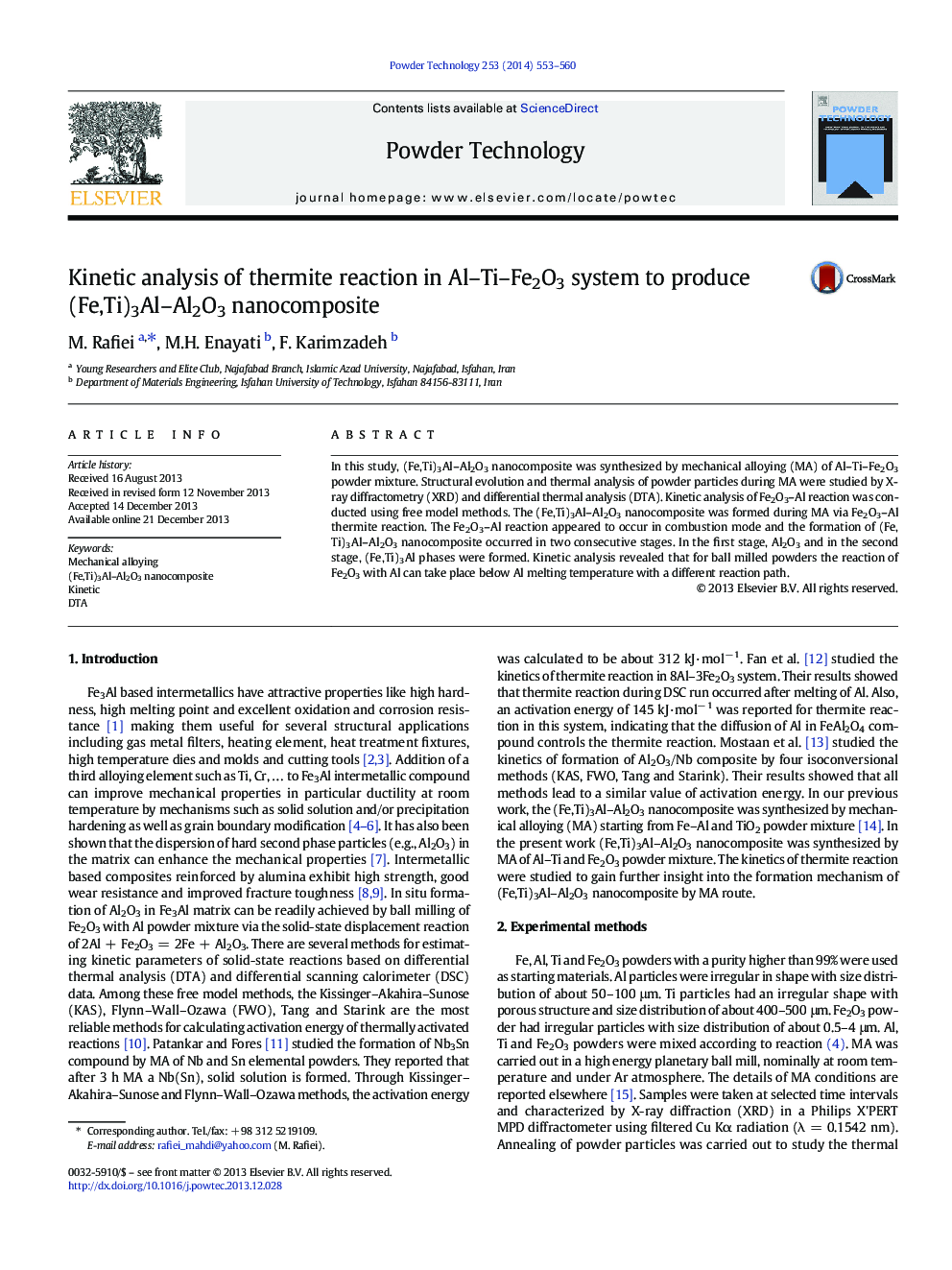 Kinetic analysis of thermite reaction in Al–Ti–Fe2O3 system to produce (Fe,Ti)3Al–Al2O3 nanocomposite