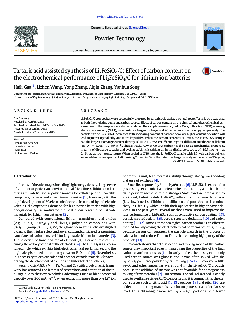 Tartaric acid assisted synthesis of Li2FeSiO4/C: Effect of carbon content on the electrochemical performance of Li2FeSiO4/C for lithium ion batteries