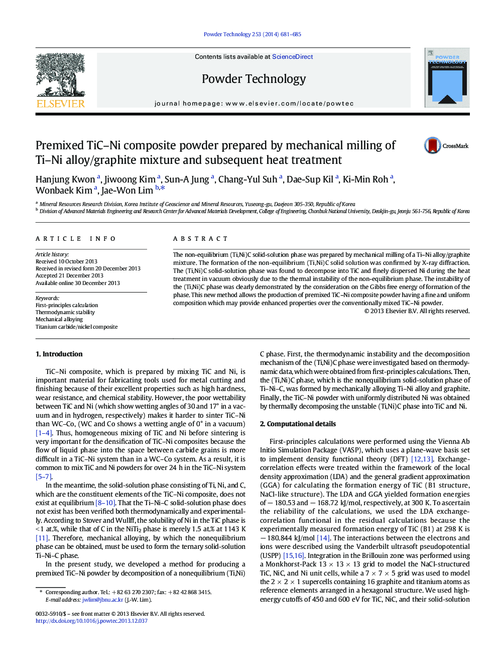 Premixed TiC–Ni composite powder prepared by mechanical milling of Ti–Ni alloy/graphite mixture and subsequent heat treatment