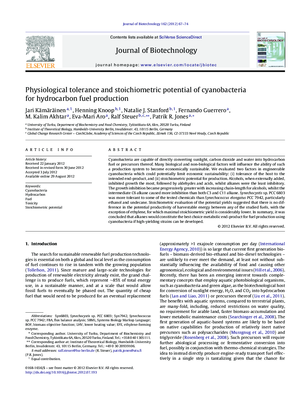 Physiological tolerance and stoichiometric potential of cyanobacteria for hydrocarbon fuel production