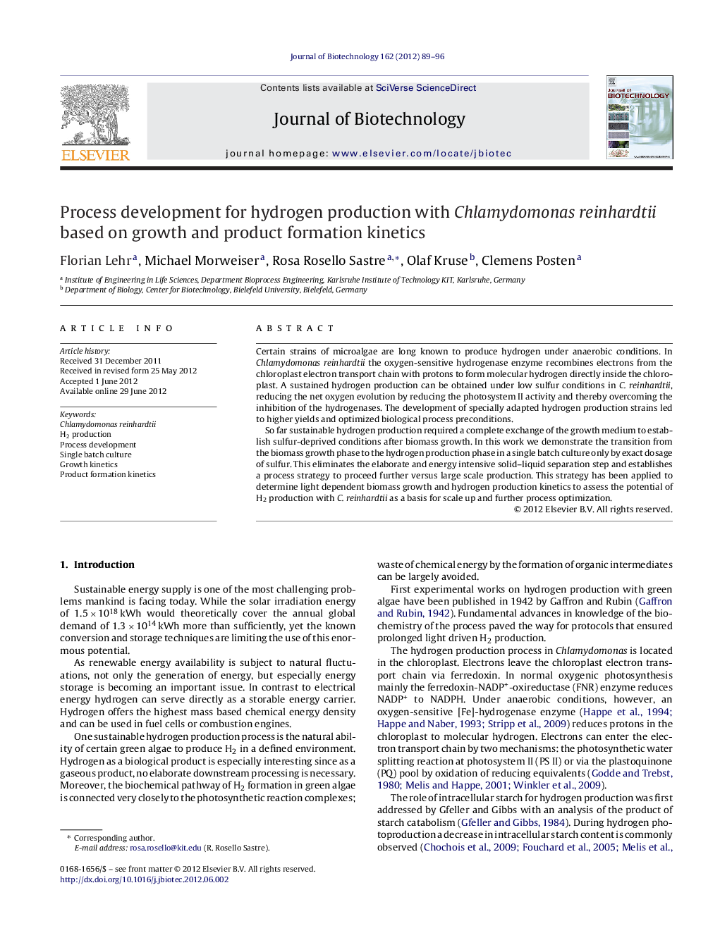 Process development for hydrogen production with Chlamydomonas reinhardtii based on growth and product formation kinetics