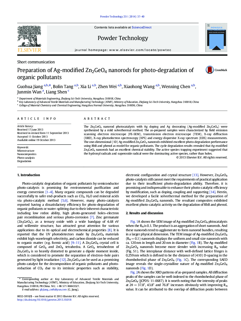 Preparation of Ag-modified Zn2GeO4 nanorods for photo-degradation of organic pollutants