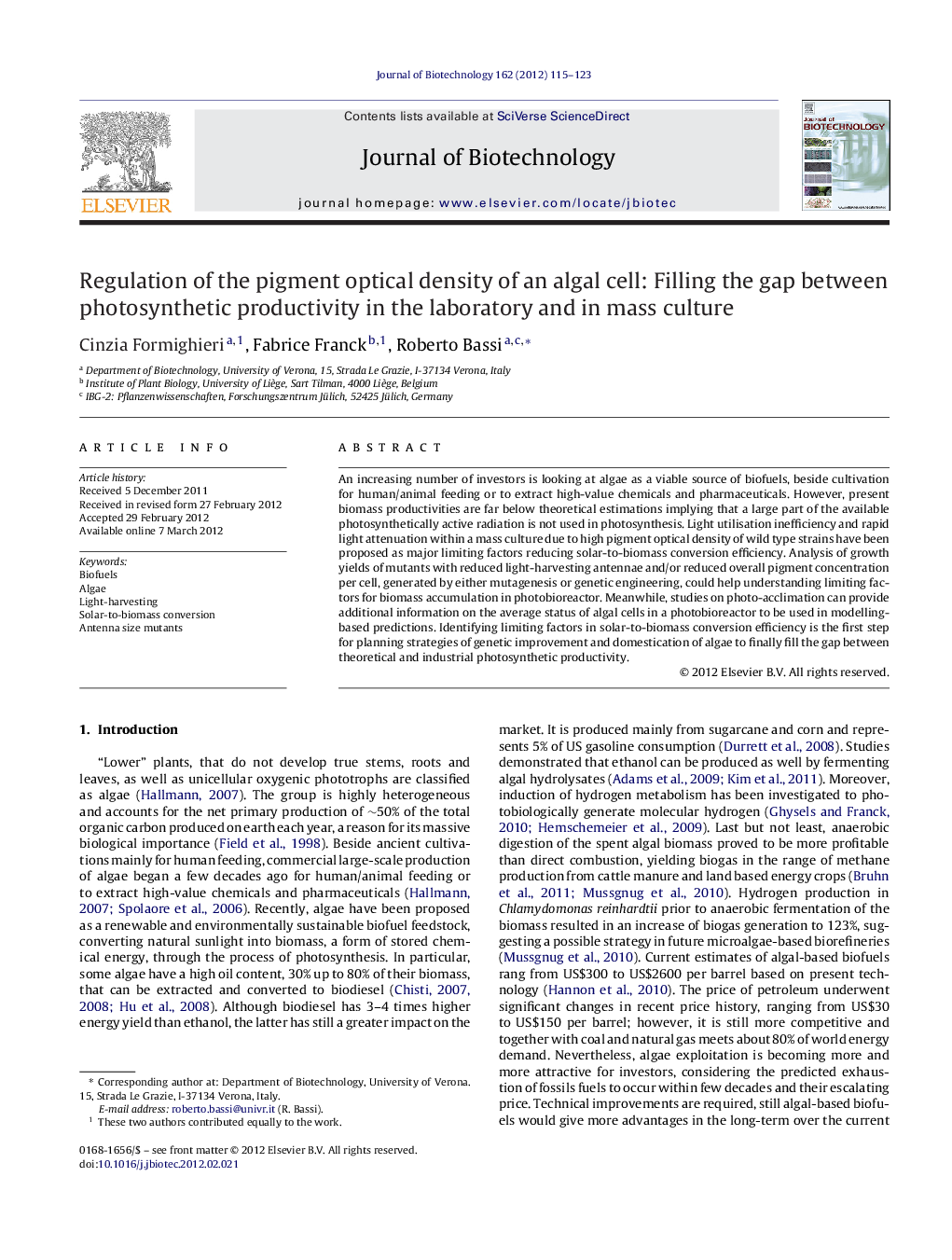 عکس صفحه اول مقاله: Regulation of the pigment optical density of an algal cell: Filling the gap between photosynthetic productivity in the laboratory and in mass culture Regulation of the pigment optical density of an algal cell: Filling the gap between photosynthetic productivity in the laboratory and in mass culture