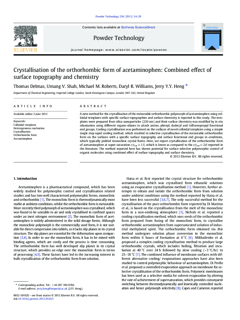 Crystallisation of the orthorhombic form of acetaminophen: Combined effect of surface topography and chemistry