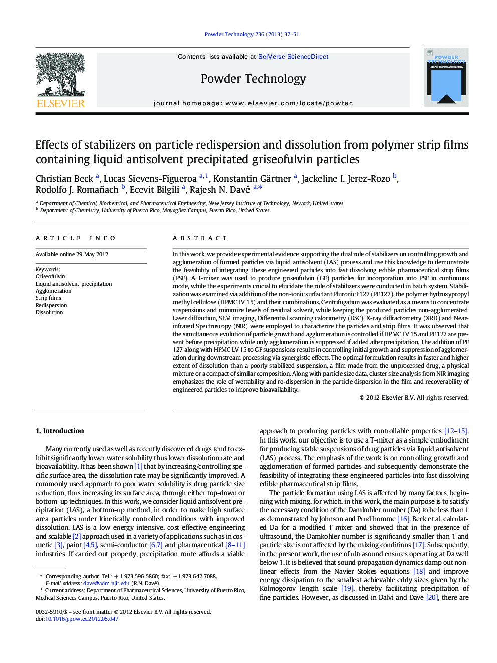 Effects of stabilizers on particle redispersion and dissolution from polymer strip films containing liquid antisolvent precipitated griseofulvin particles