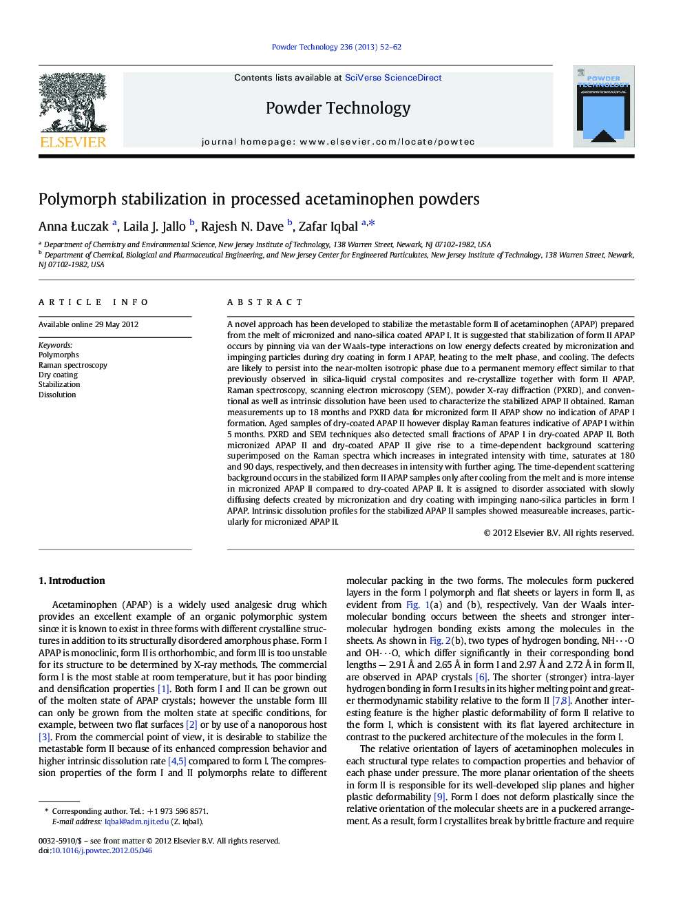 Polymorph stabilization in processed acetaminophen powders