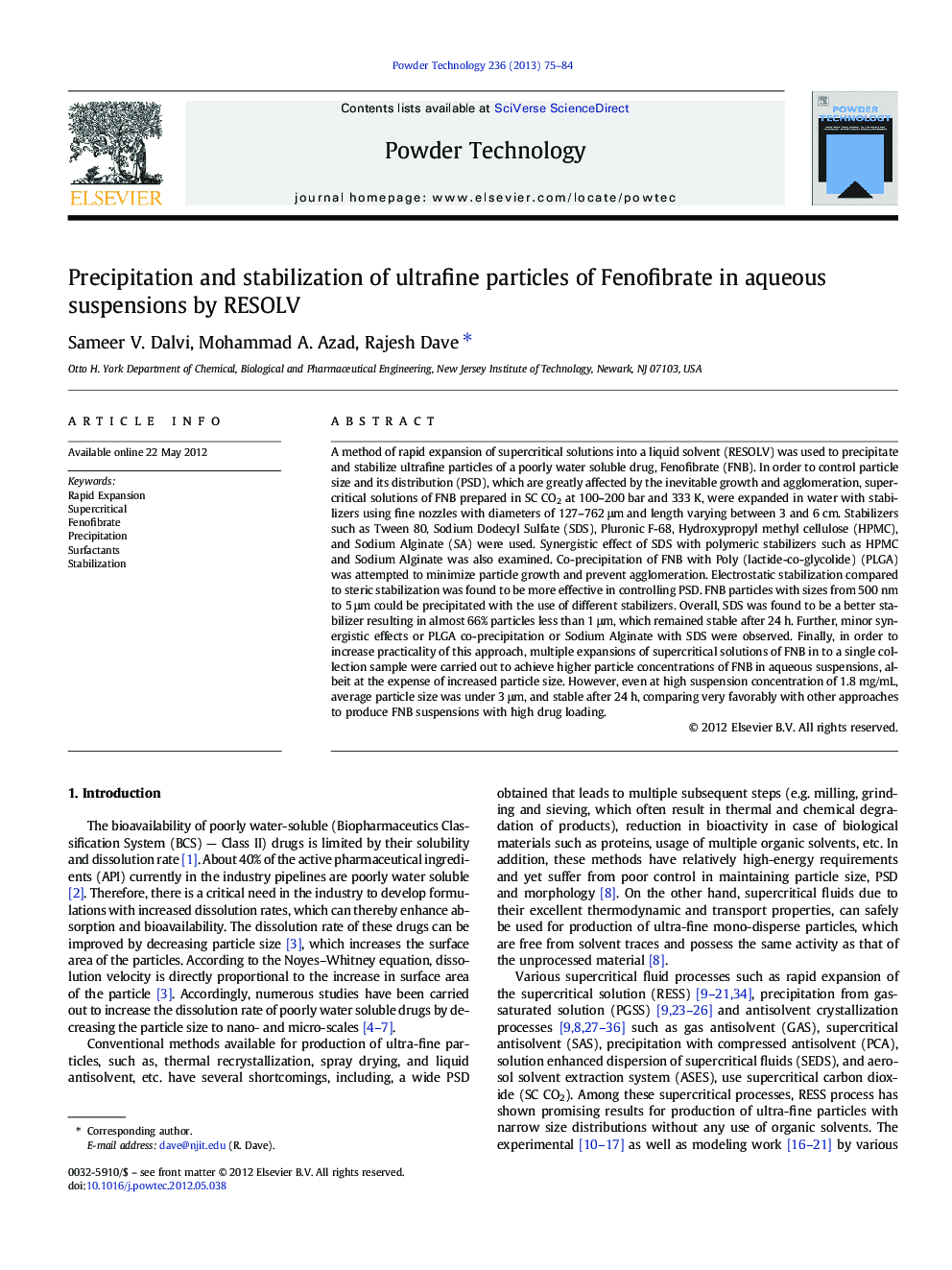 Precipitation and stabilization of ultrafine particles of Fenofibrate in aqueous suspensions by RESOLV